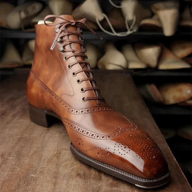Men's ankle brogue boots with lace-up fronts, perforated detailing and low heels