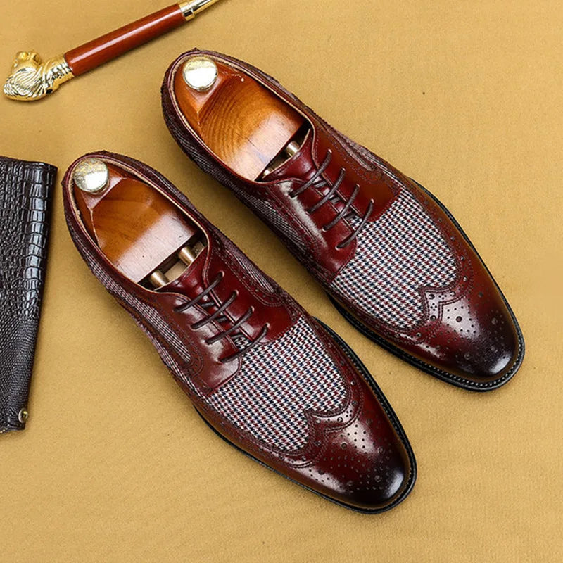Men's brogue Oxford shoes with wingtip detailing and houndstooth panels