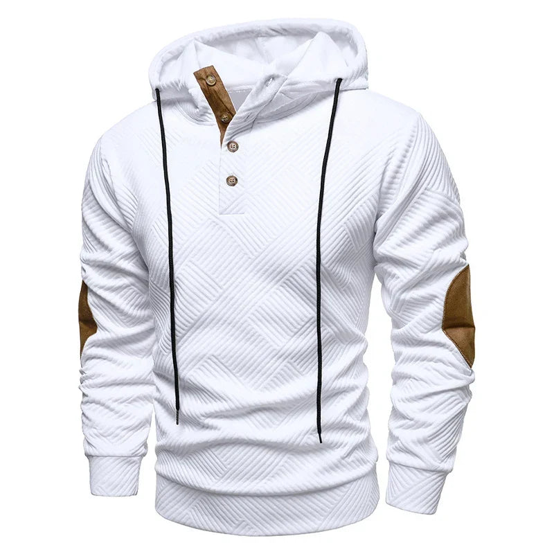 Men's textured geometric hoodie with drawstring hood, button placket and contrast elbow patches