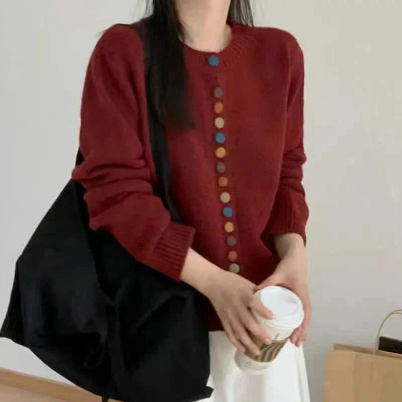 Women's long-sleeve button front cardigan with ribbed trims and multicoloured buttons