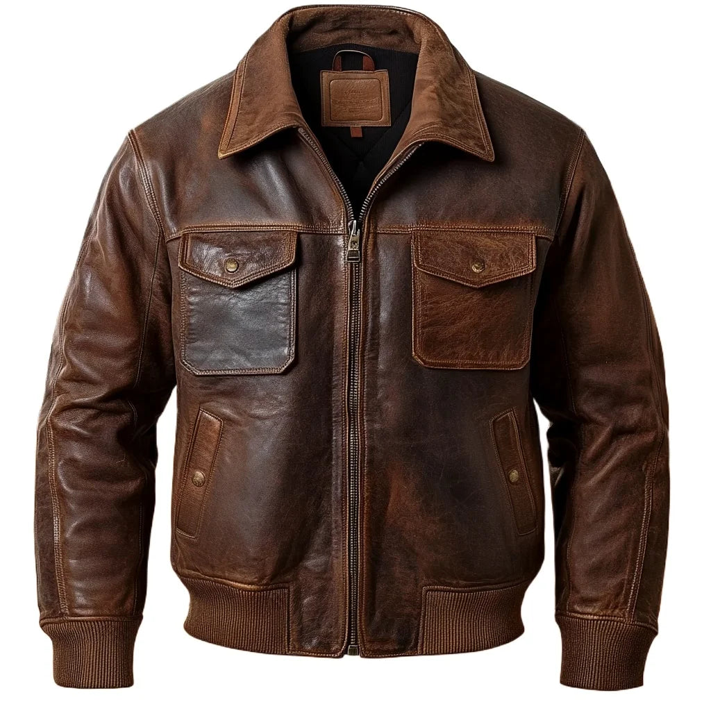 Men's aviator A-2 jacket with long sleeves, zip front, collar and multiple pockets