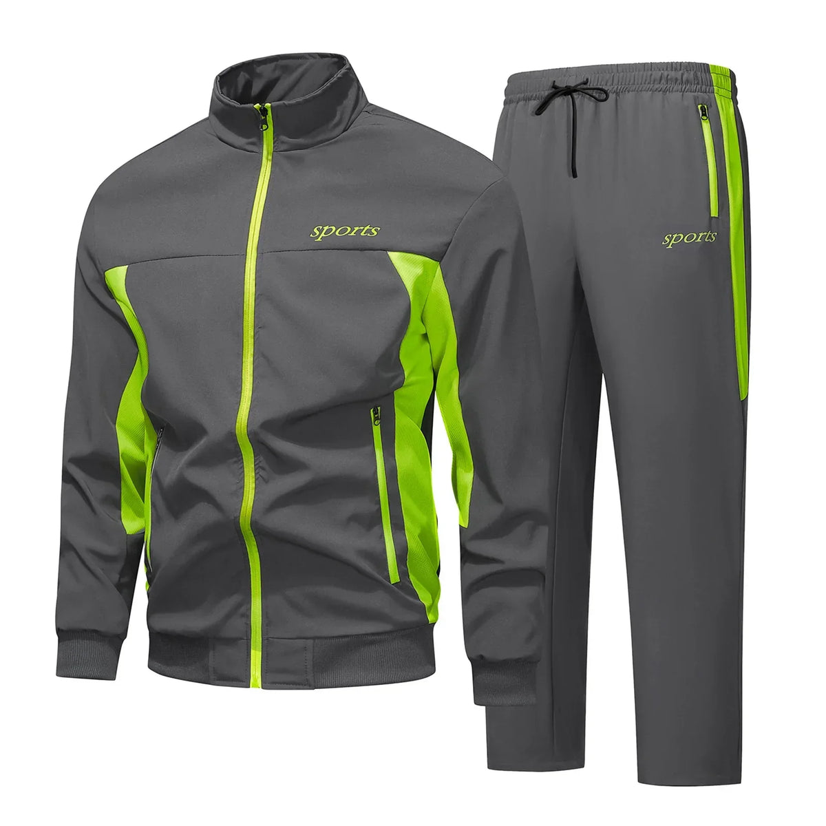 Men's sports tracksuit set with zip jacket, contrast panels and drawstring trousers