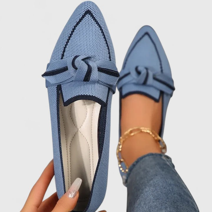 Women's pointed toe loafers with knotted strap and contrast trim