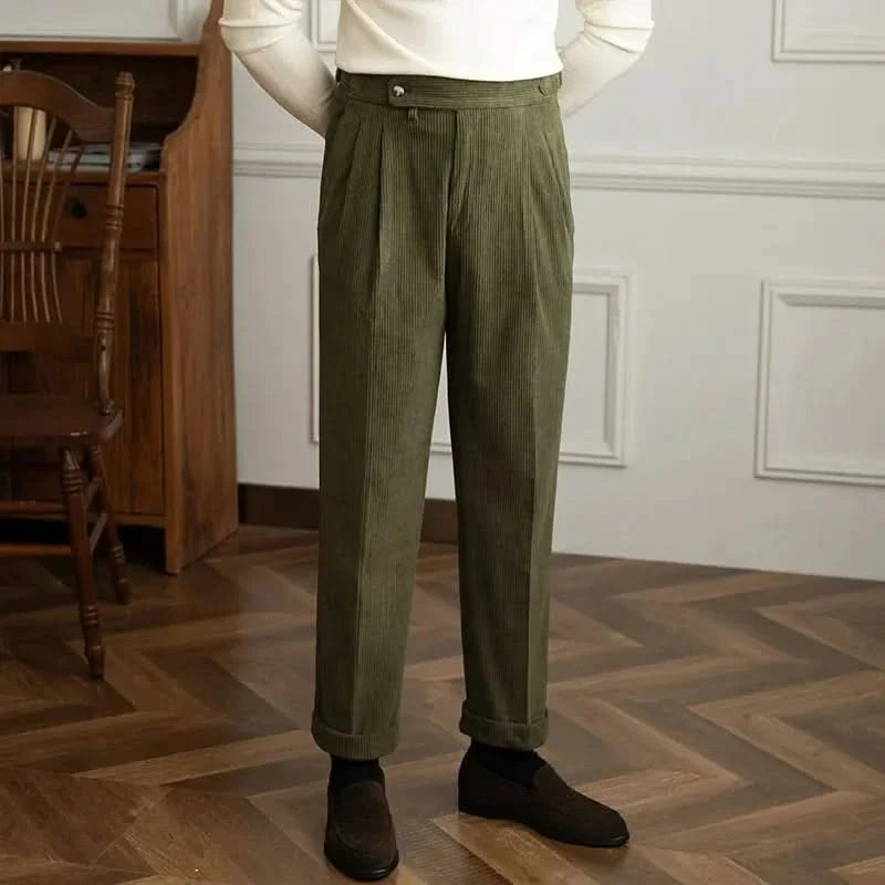 Women's pleated wide-leg corduroy trousers with high waistband and side pockets