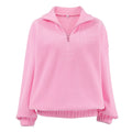 Women's pink fleece half-zip pullover with stand collar and long sleeves