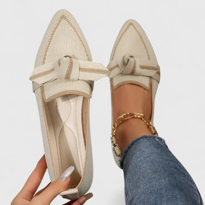 Women's pointed toe loafers with knotted strap and contrast trim