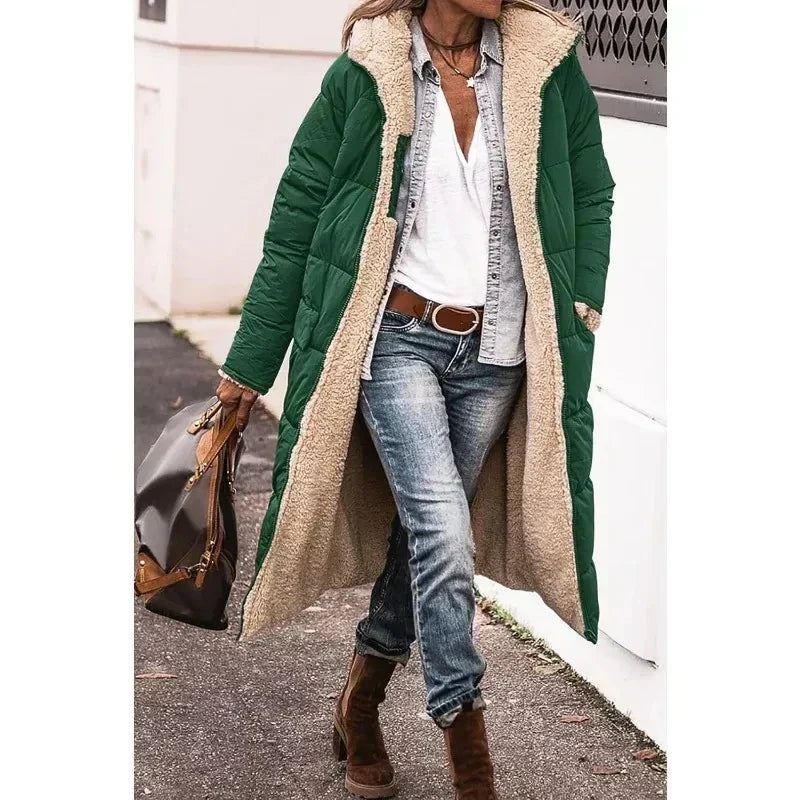 Women's long quilted hooded coat with contrasting textured trim and side pockets