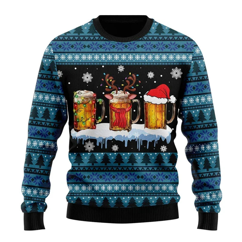 Men's festive Christmas jumper with beer graphics, long sleeves and ribbed trims
