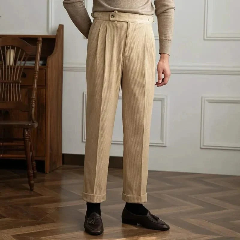 Women's pleated wide-leg corduroy trousers with high waistband and side pockets