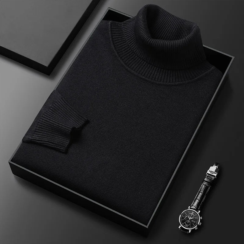 Men's plain ribbed turtleneck sweater folded in a presentation box