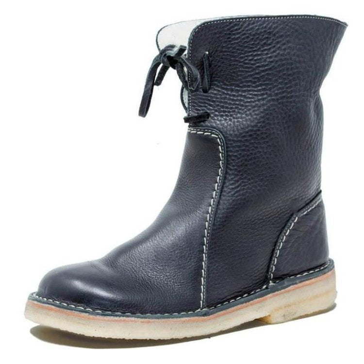 Lace-up mid-calf boots with round toes, stitched panels and flat soles
