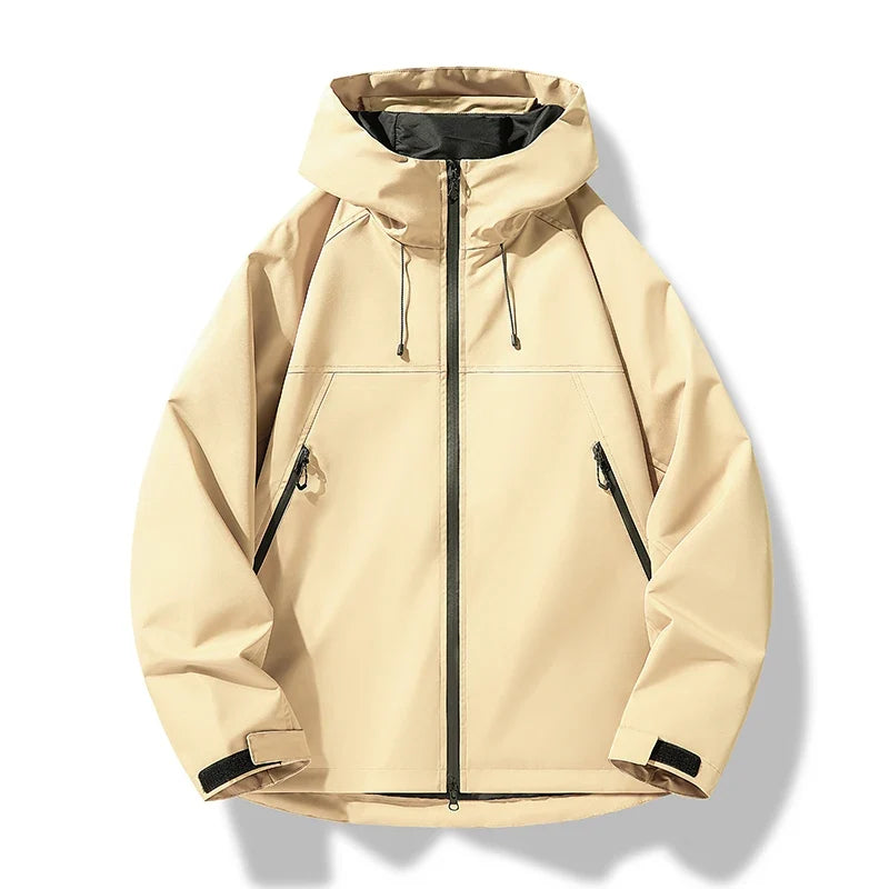 Men's hooded shell jacket with zip front and angled zipped pockets