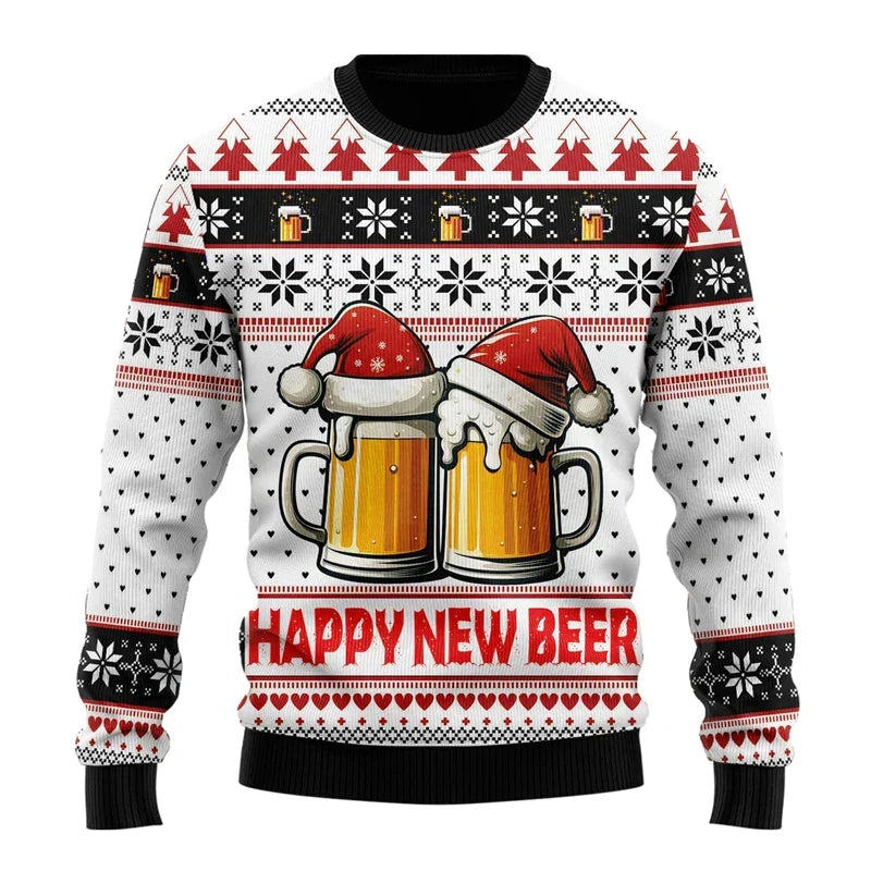 Men's festive Christmas jumper with beer graphics, long sleeves and ribbed trims