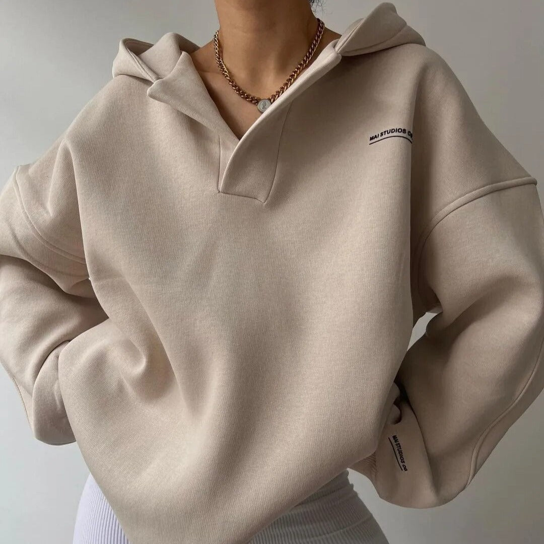Women's oversized solid crossover hood lounge hoodie with long sleeves and ribbed trims