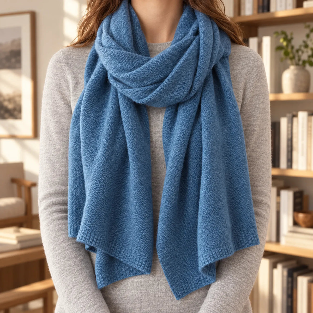 Women's long plain scarf with ribbed edges worn in a draped wrap