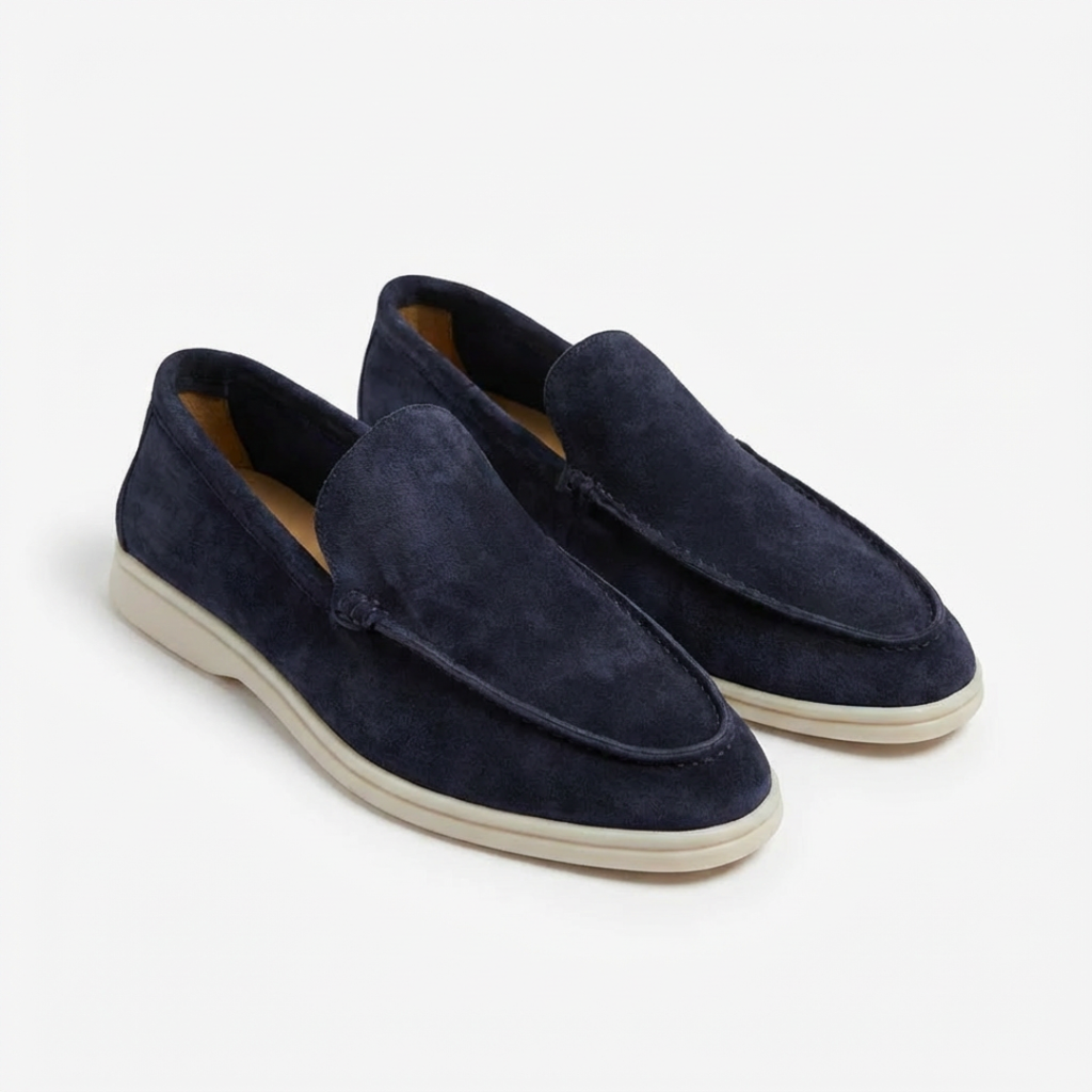 Men's slip-on loafers with stitched uppers and contrasting flat soles