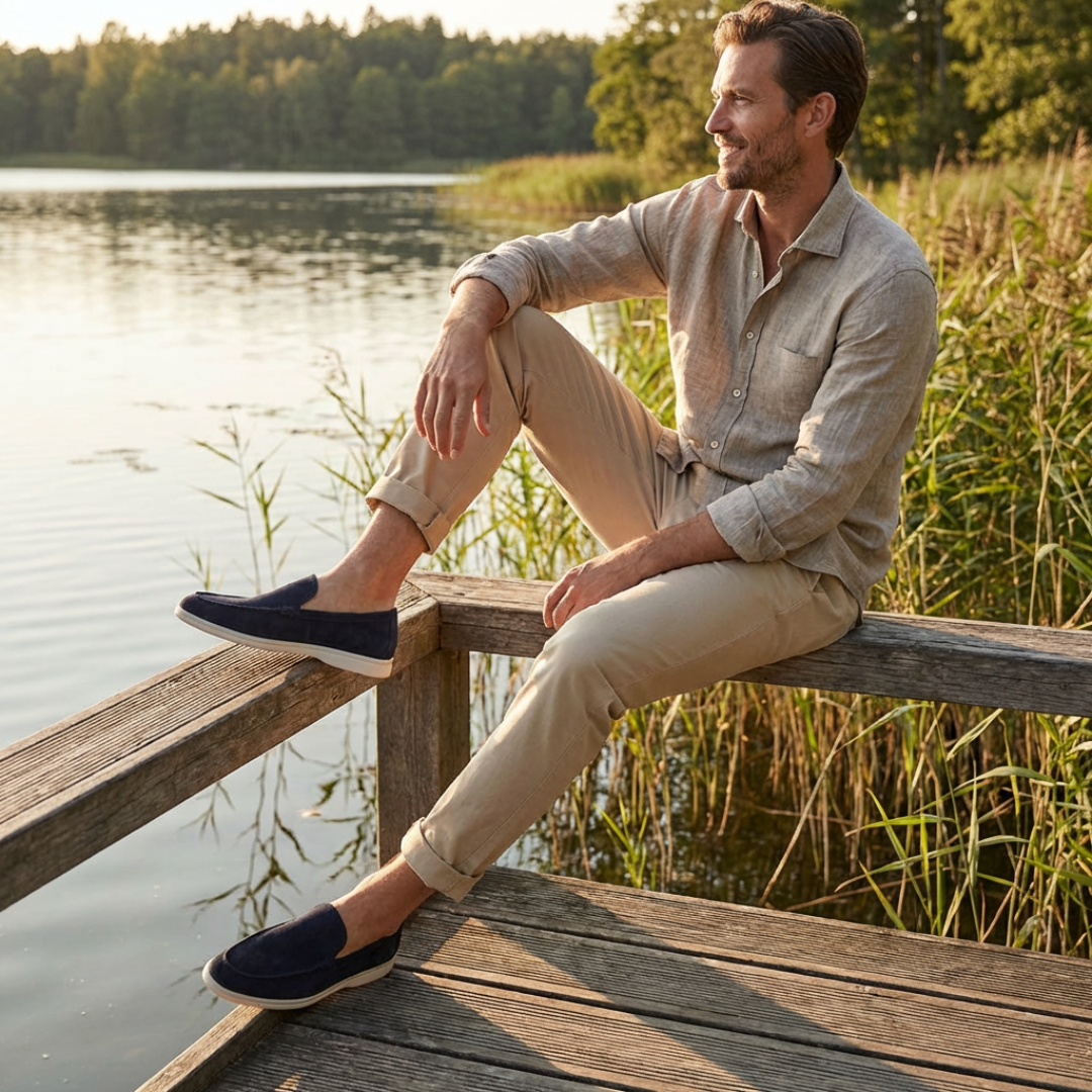 Men's slip-on loafers with stitched uppers and contrasting flat soles