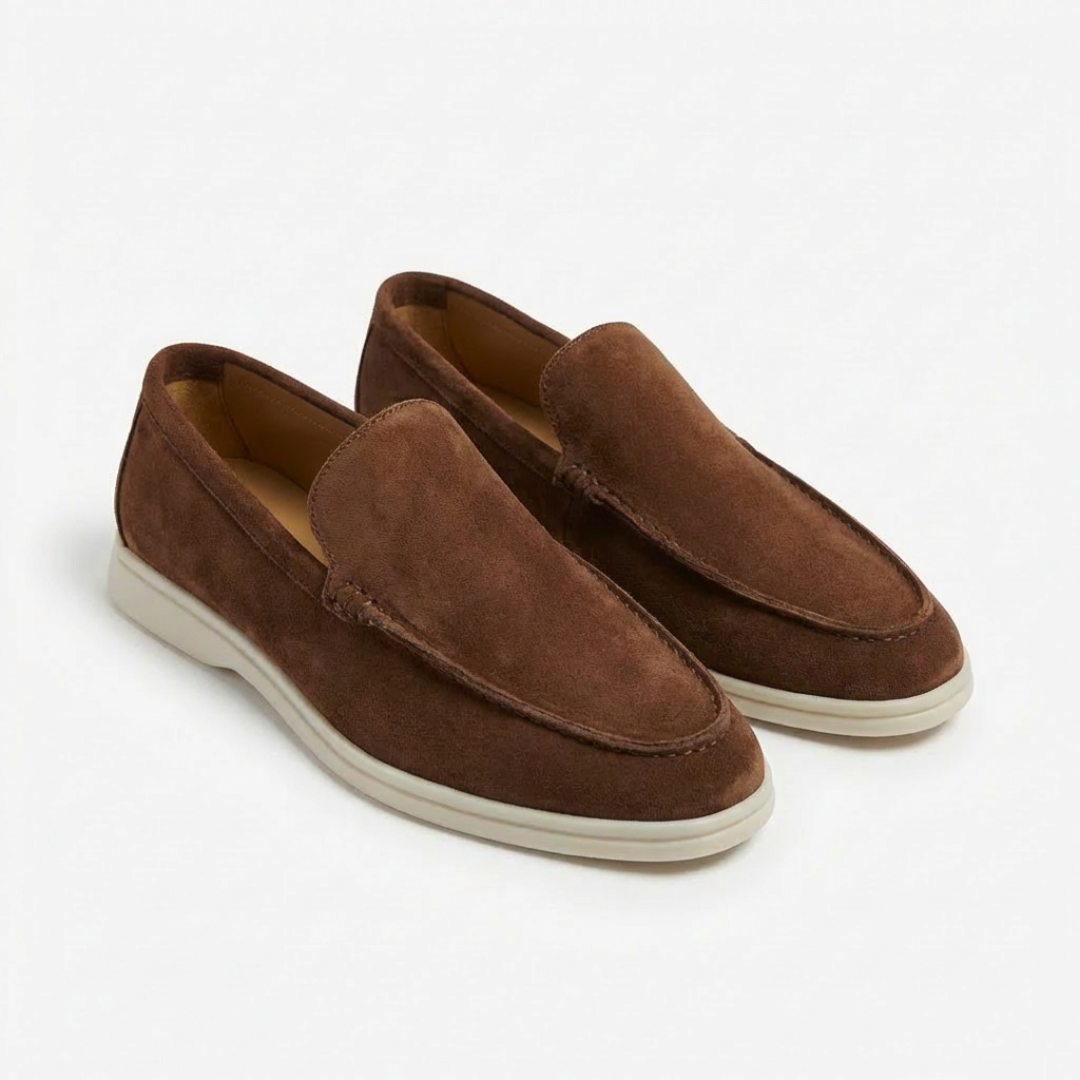 Men's slip-on loafers with stitched uppers and contrasting flat soles