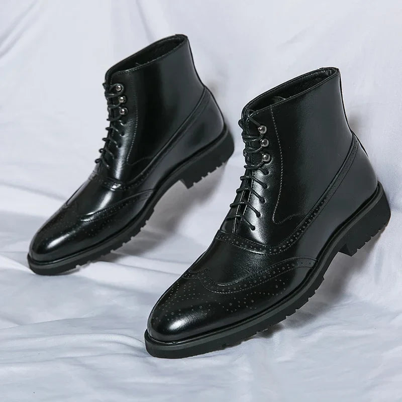 Men's ankle brogue boots with lace-up fronts, perforated detailing and low heels