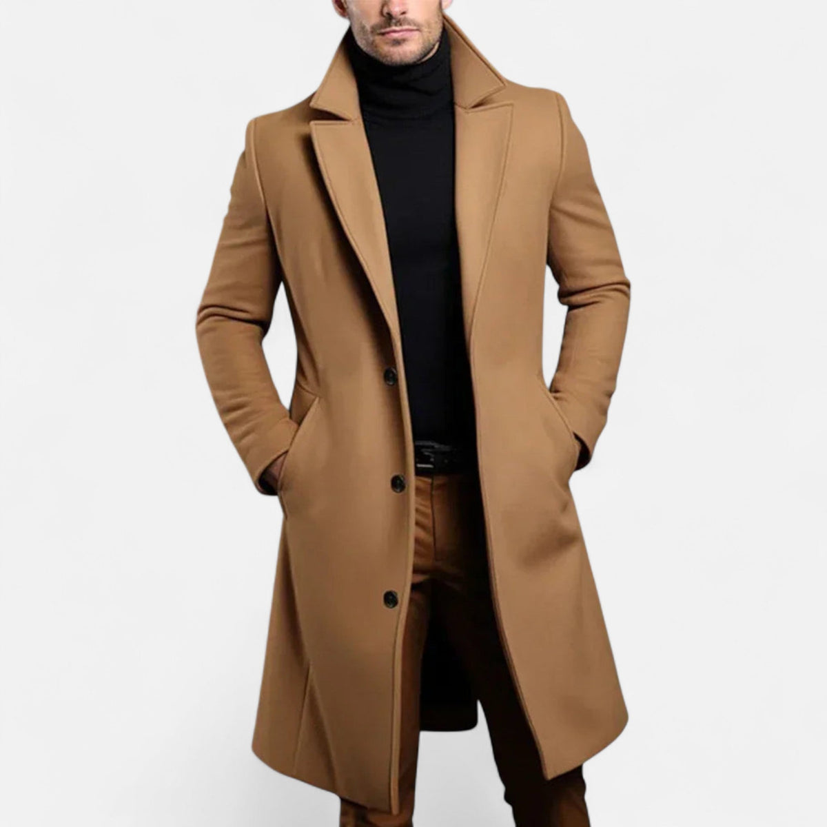 Men's long structured coat with notched lapels, button front and side pockets