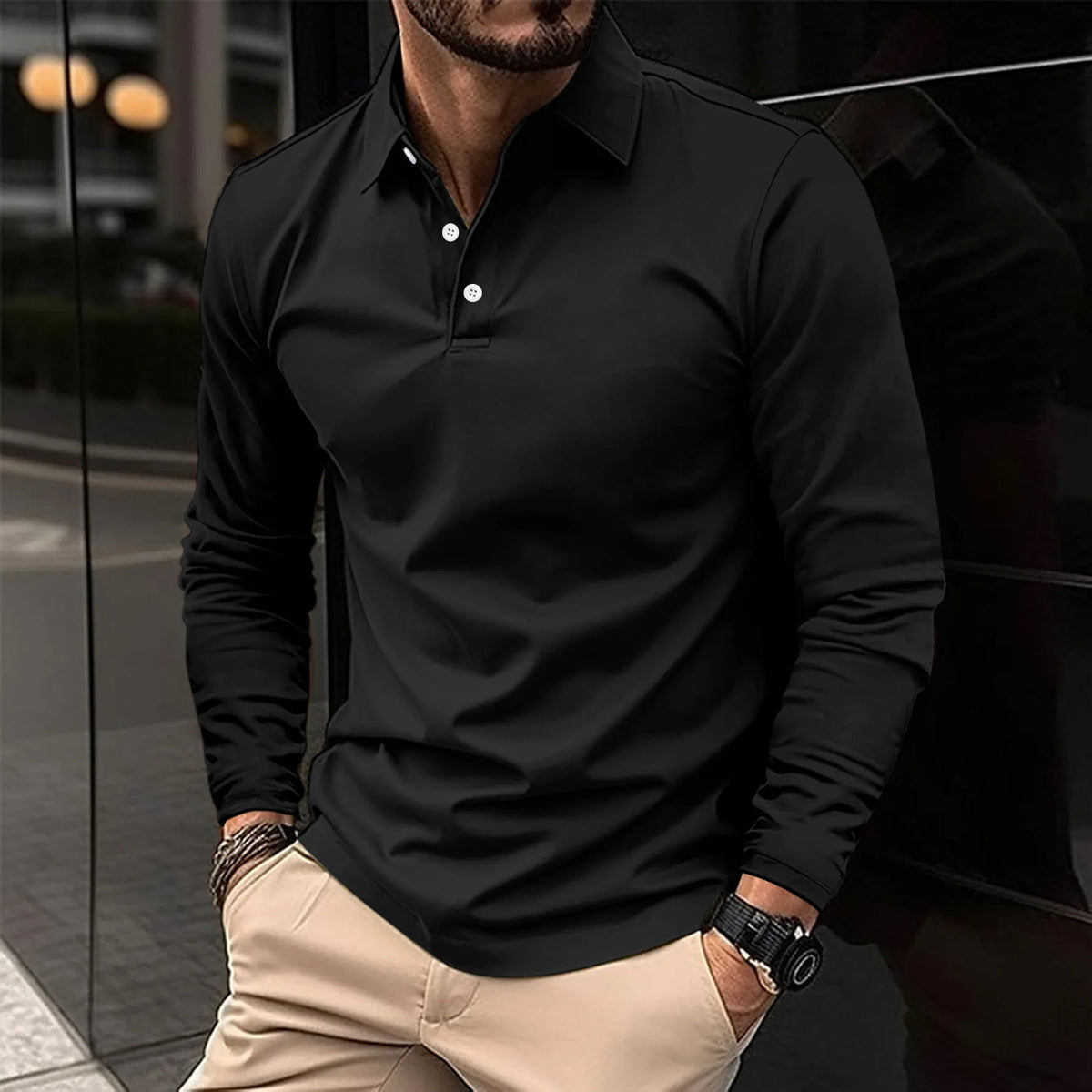 Men's long sleeve polo shirt with pointed collar and button placket