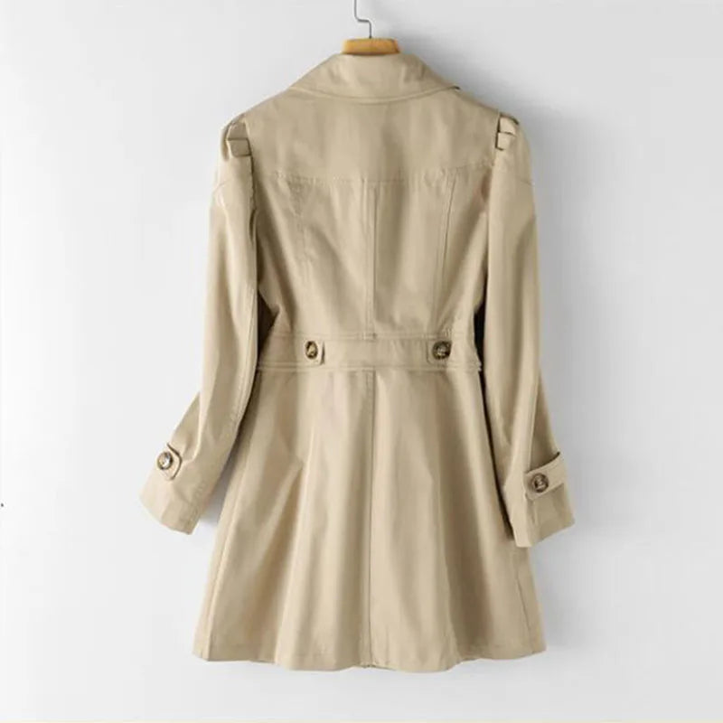 Women's long-sleeved trench coat with notched collar, button front and cuff tabs