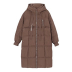 Women's long hooded quilted puffer coat with oversized fit and zip front
