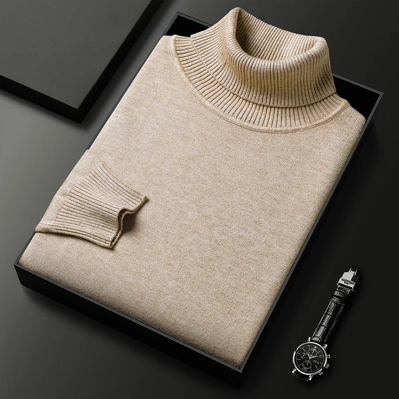Men's plain ribbed turtleneck sweater folded in a presentation box
