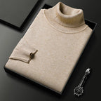 Men's plain ribbed turtleneck sweater folded in a presentation box