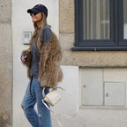Women's brown shaggy textured jacket with long sleeves and open front