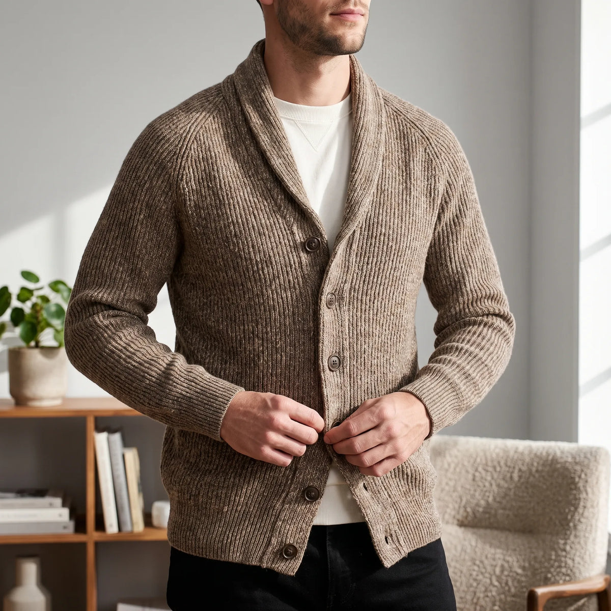 Men's ribbed knit cardigan with shawl collar and button front