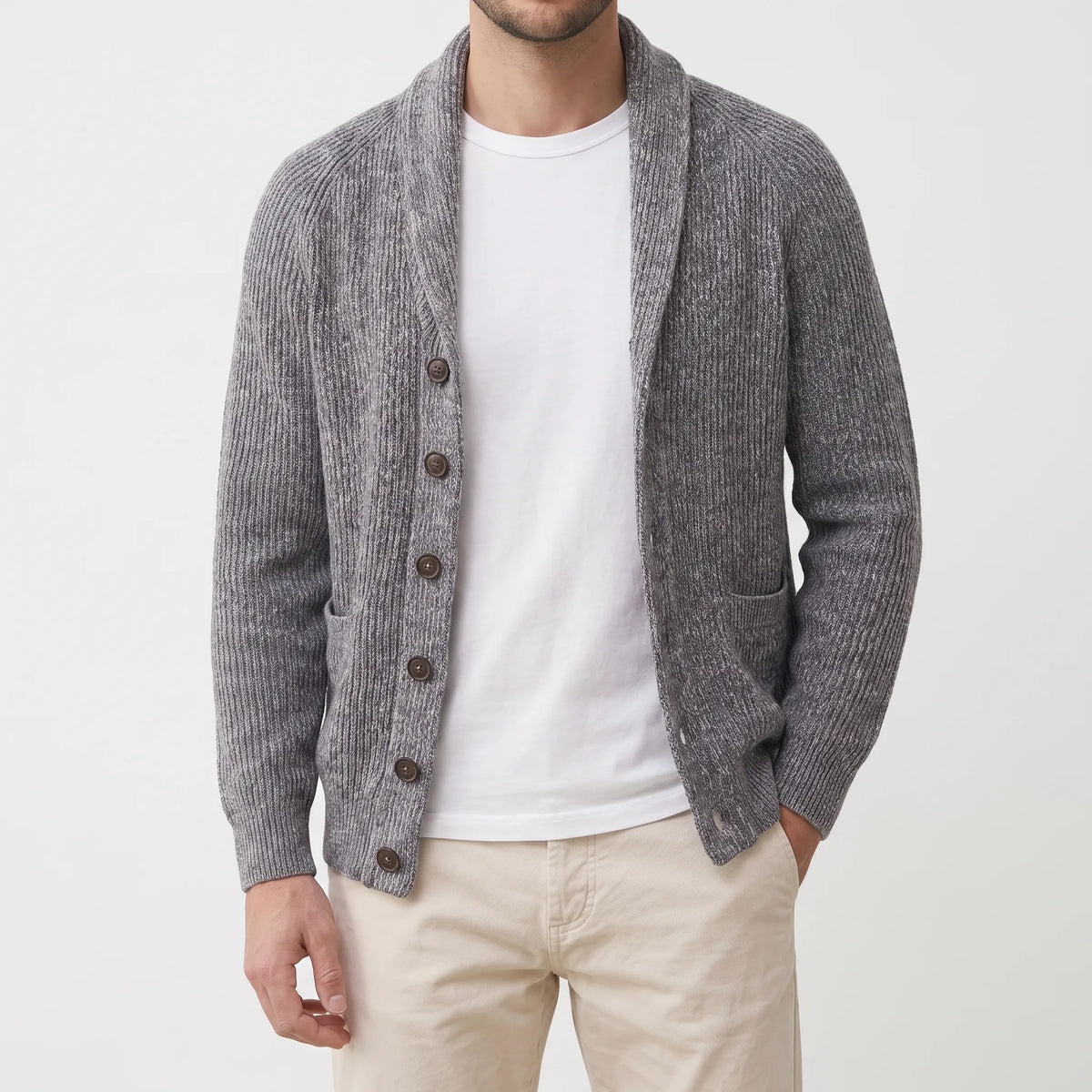 Men's ribbed knit cardigan with shawl collar and button front