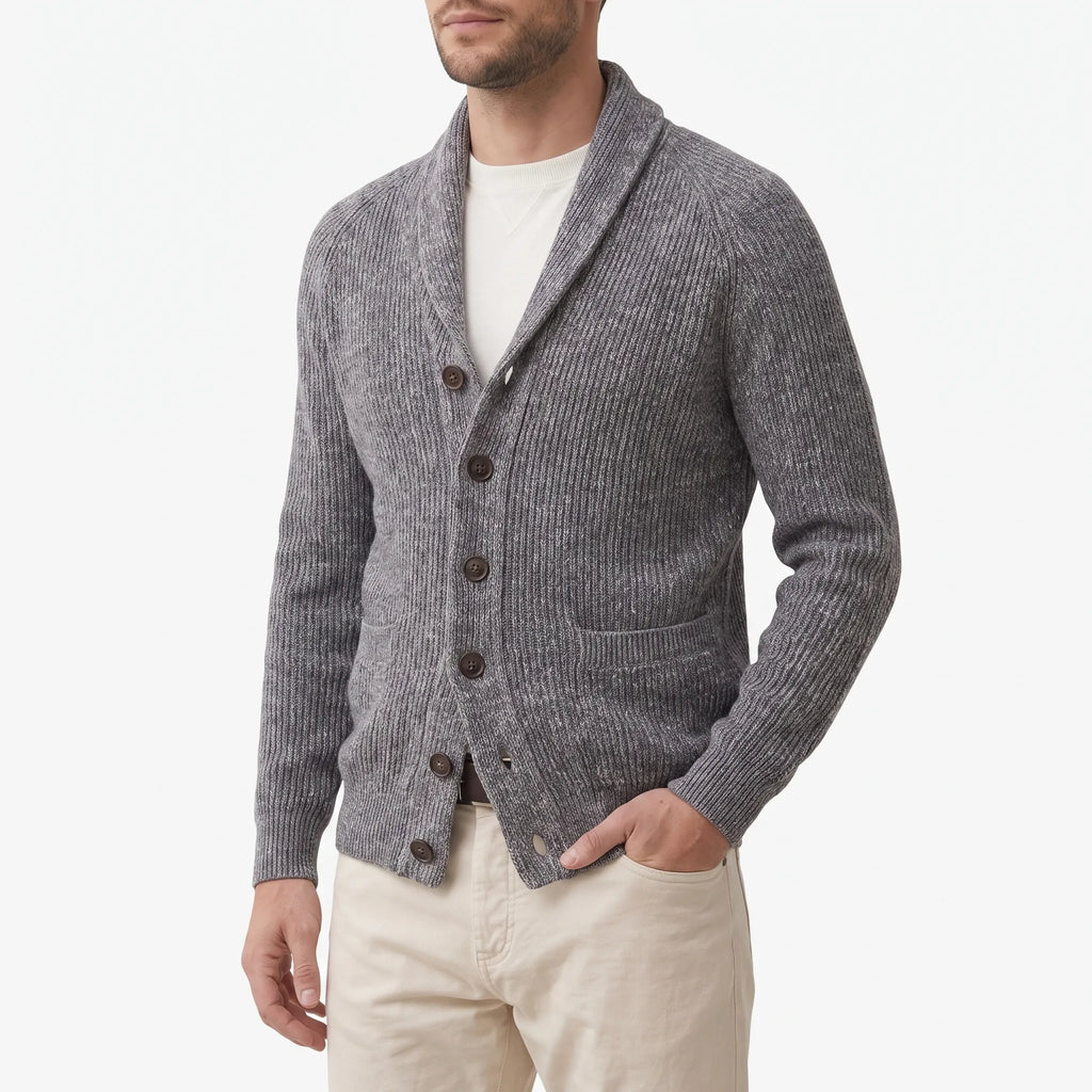 Men's ribbed knit cardigan with shawl collar and button front