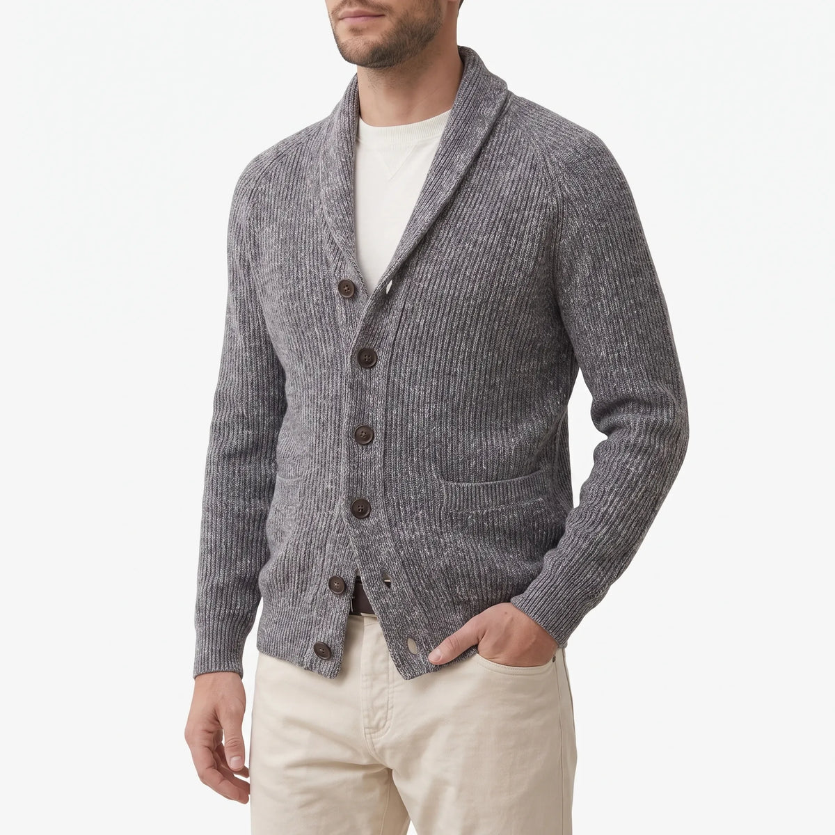 Men's ribbed knit cardigan with shawl collar and button front