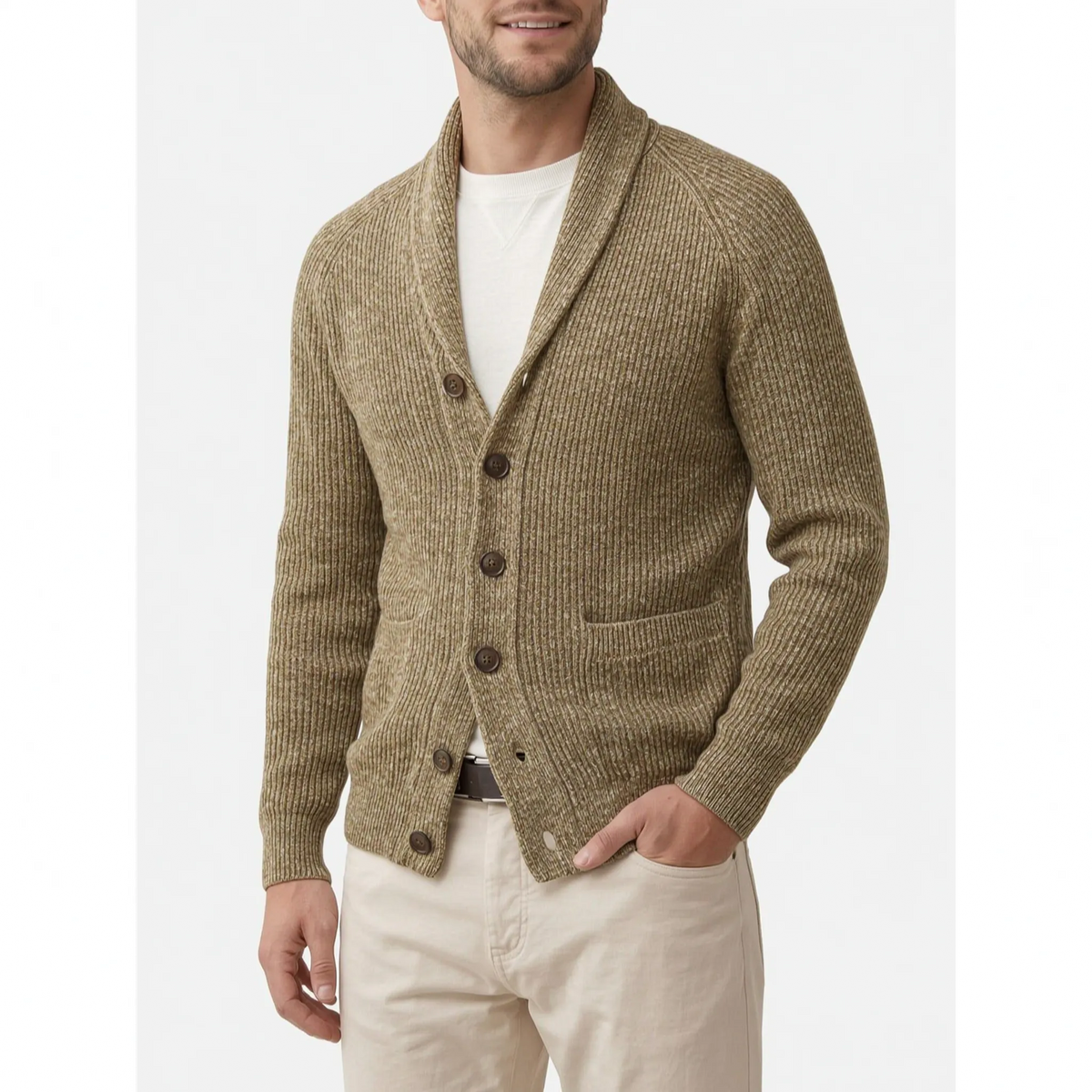 Men's ribbed knit cardigan with shawl collar and button front