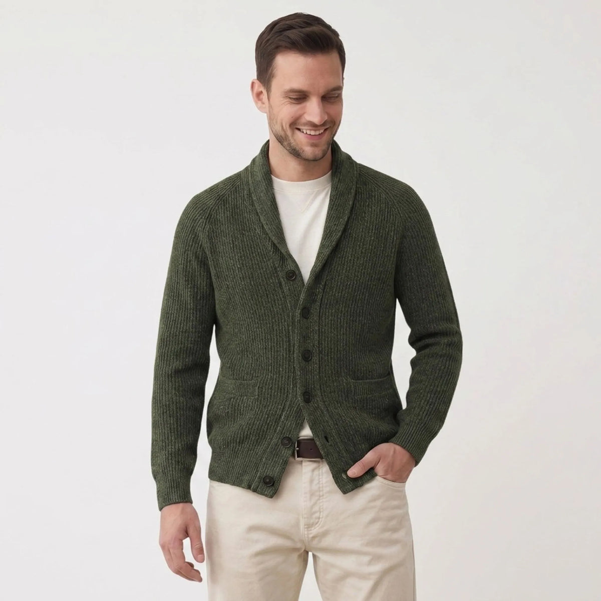 Men's ribbed knit cardigan with shawl collar and button front