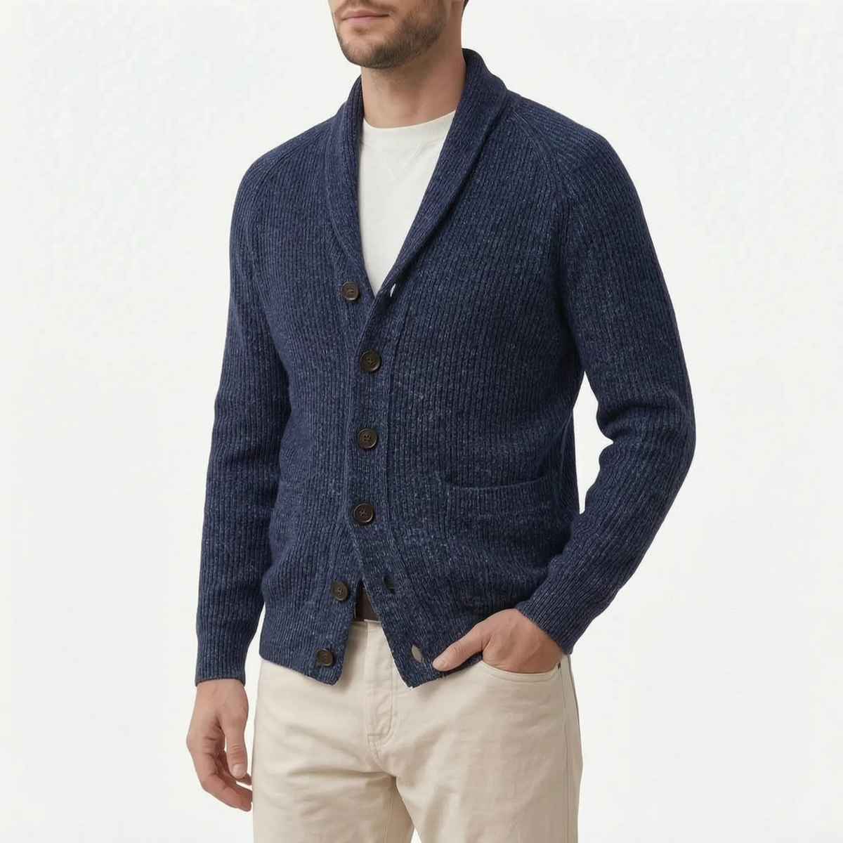 Men's ribbed knit cardigan with shawl collar and button front