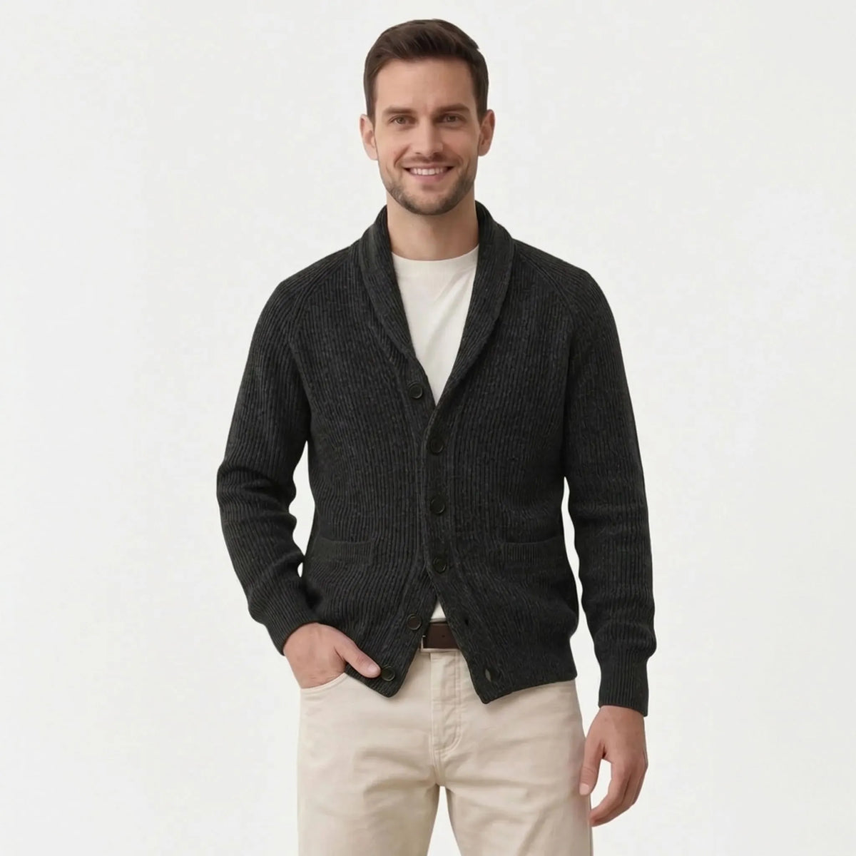 Men's ribbed knit cardigan with shawl collar and button front
