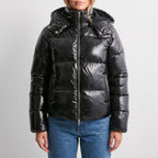 Women's glossy quilted hooded puffer jacket with long sleeves and front zip