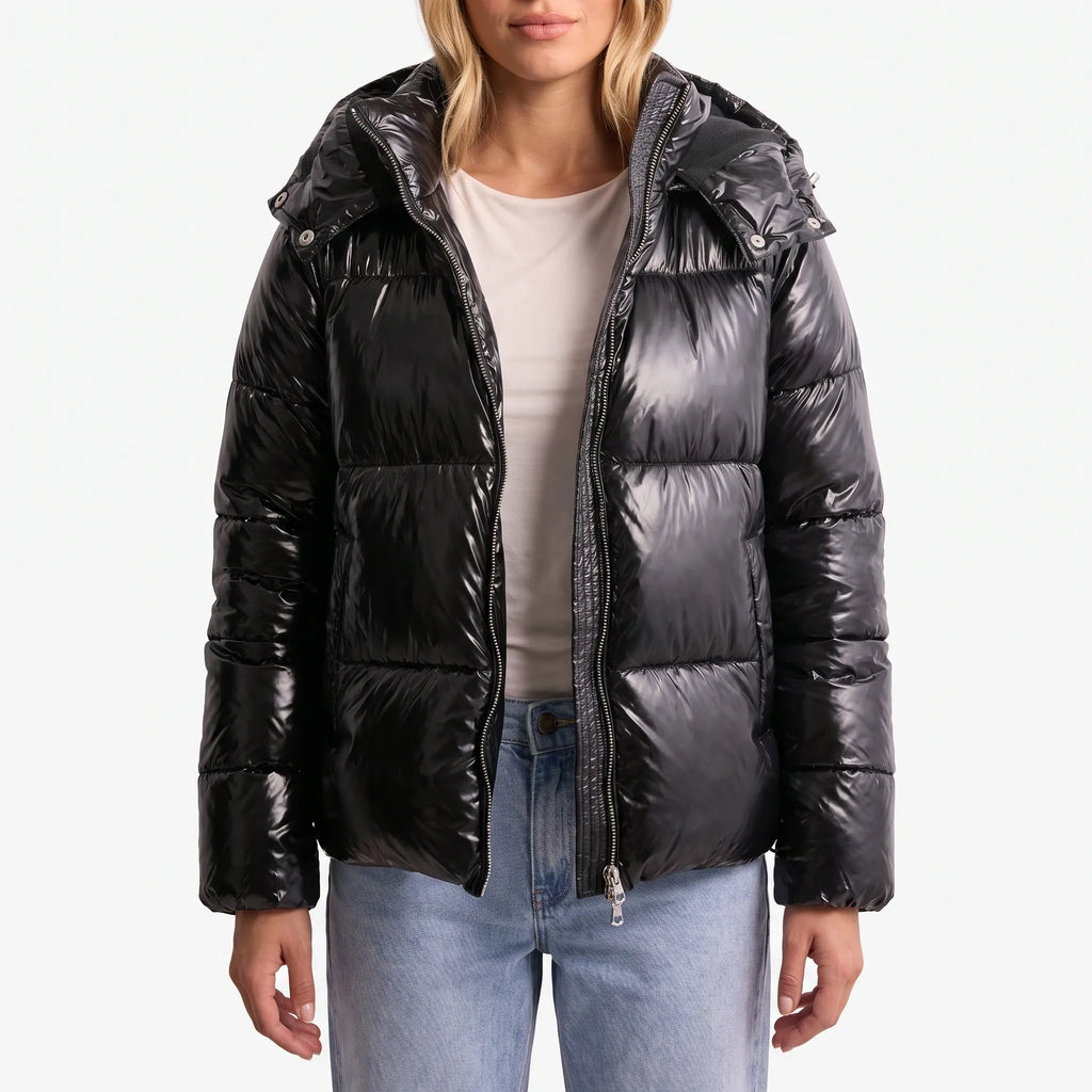 Women's glossy quilted hooded puffer jacket with long sleeves and front zip