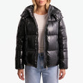 Women's glossy quilted hooded puffer jacket with long sleeves and front zip