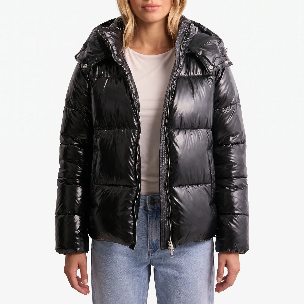 Women's glossy quilted hooded puffer jacket with long sleeves and front zip