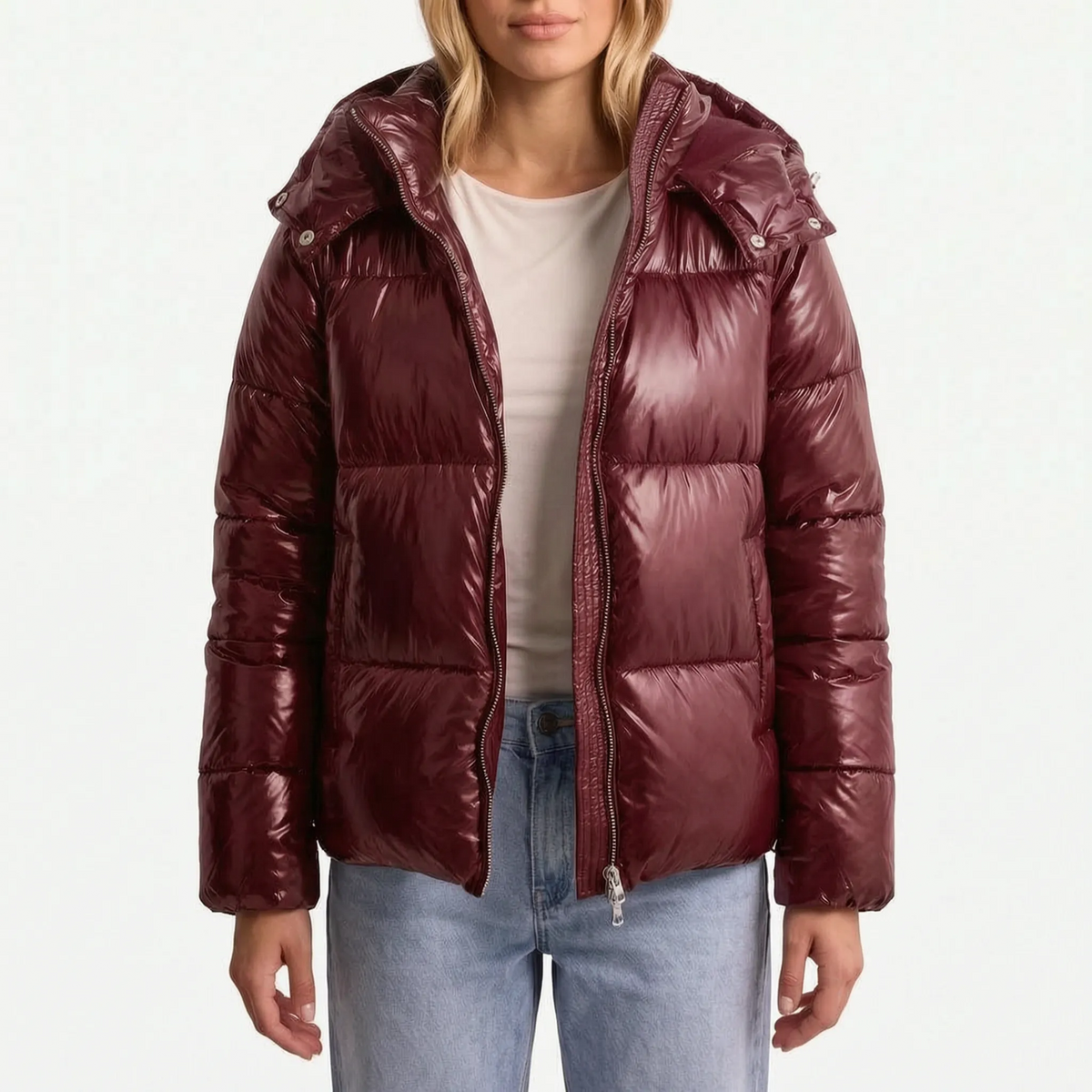Women's glossy quilted hooded puffer jacket with long sleeves and front zip
