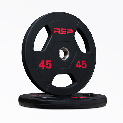 Black Olympic weight plate with three grip handles and red 45 marking
