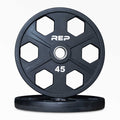 Black circular Olympic weight plate with six grip holes and 45 marking