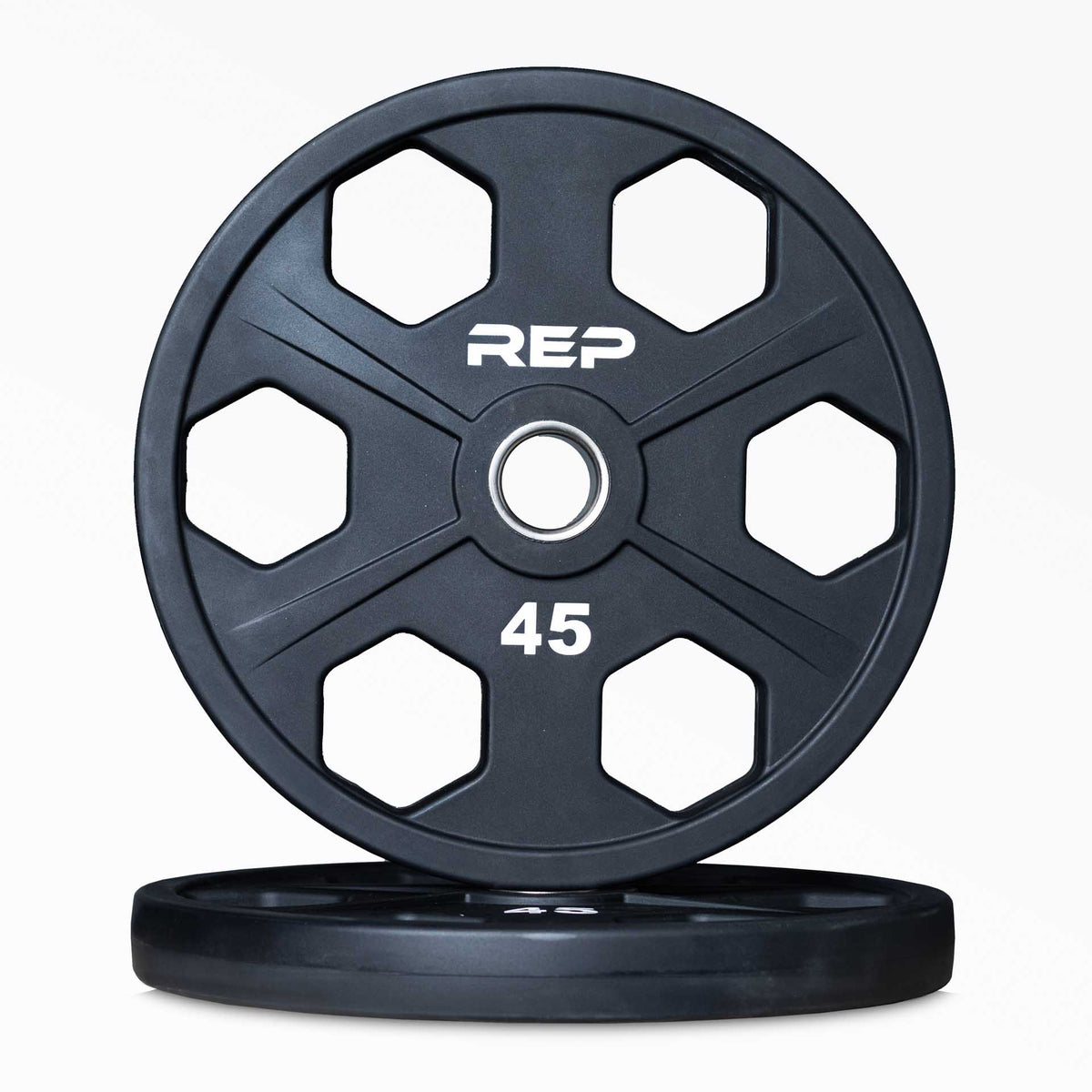 Black circular Olympic weight plate with six grip holes and 45 marking