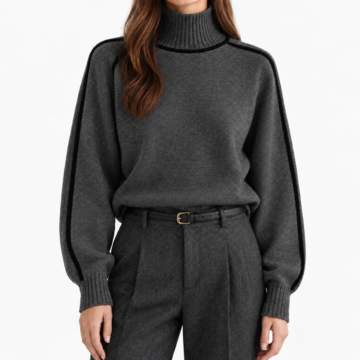 Women's relaxed high neck jumper with contrast piping and long sleeves