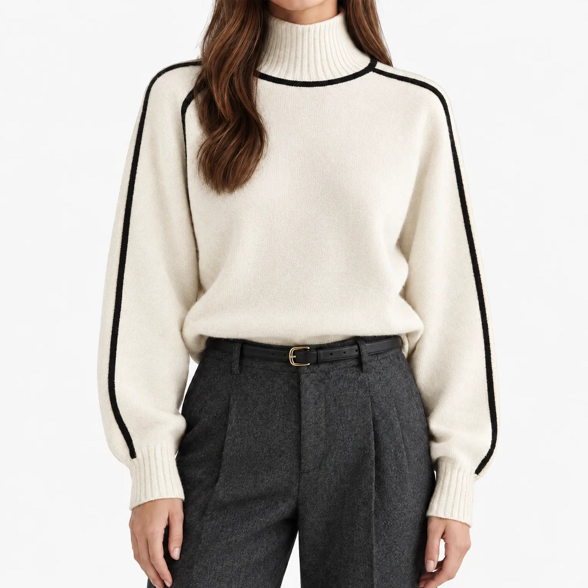 Women's relaxed high neck jumper with contrast piping and long sleeves