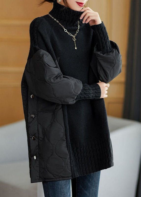 Women's longline turtleneck sweater with quilted patchwork sleeves and side panels