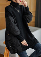 Women's longline turtleneck sweater with quilted patchwork sleeves and side panels